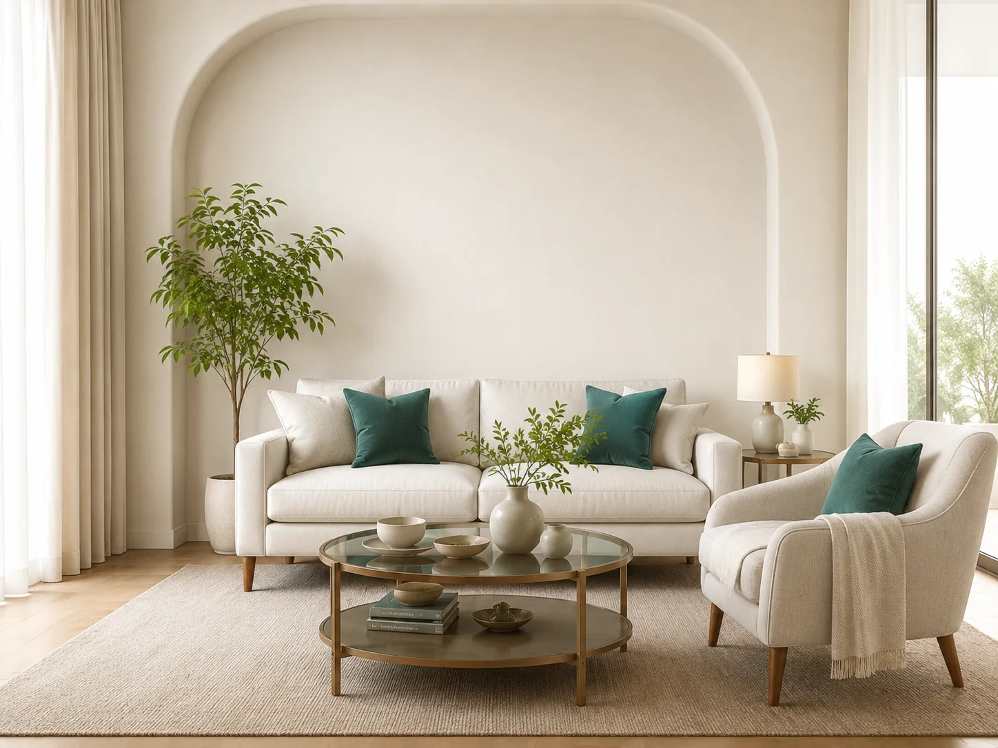 A bright, freshly cleaned living room with a white sofa and teal cushions
